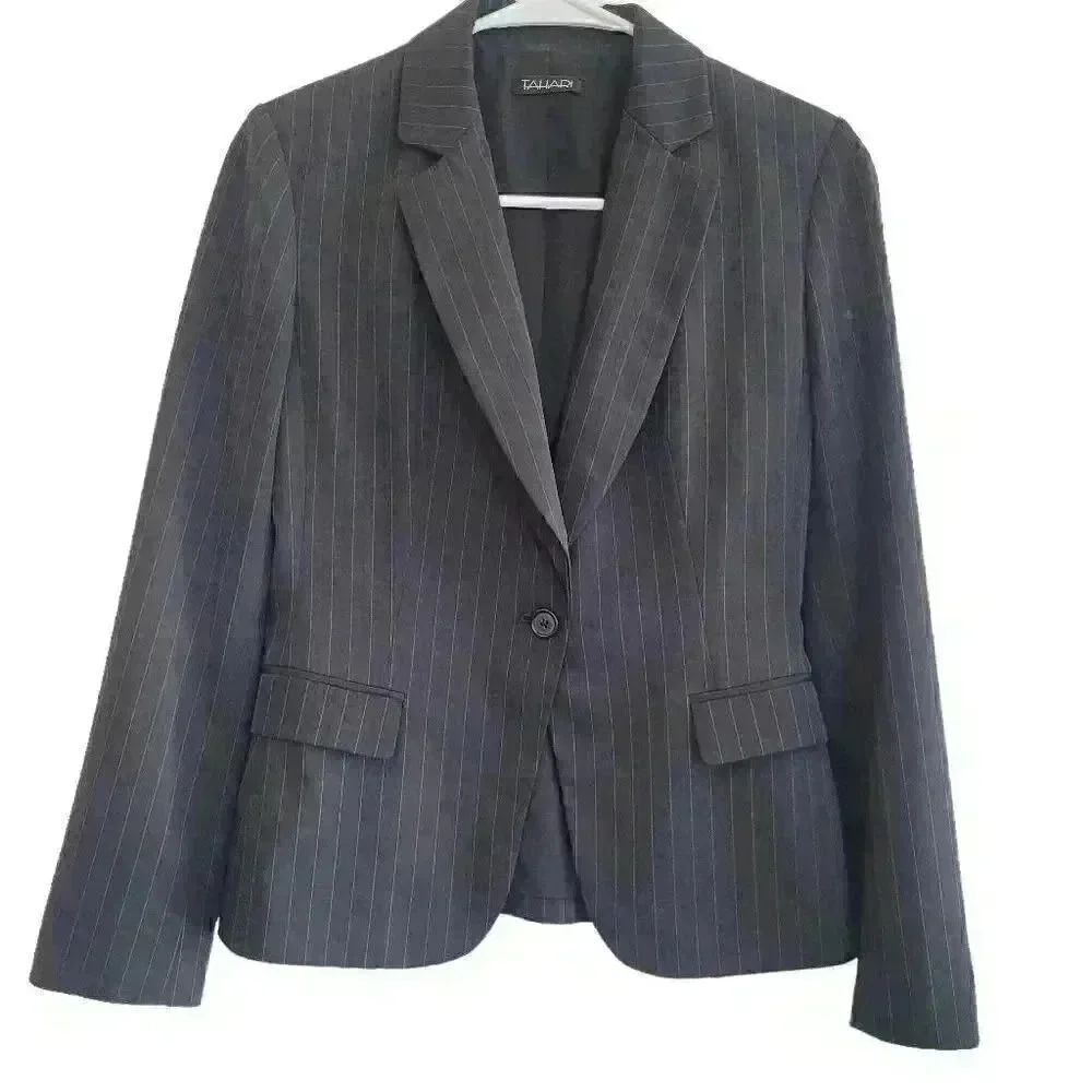 Tahari Women's Black/Blue Poly/Spandex Pinstriped Single Breasted Blazer Jacket